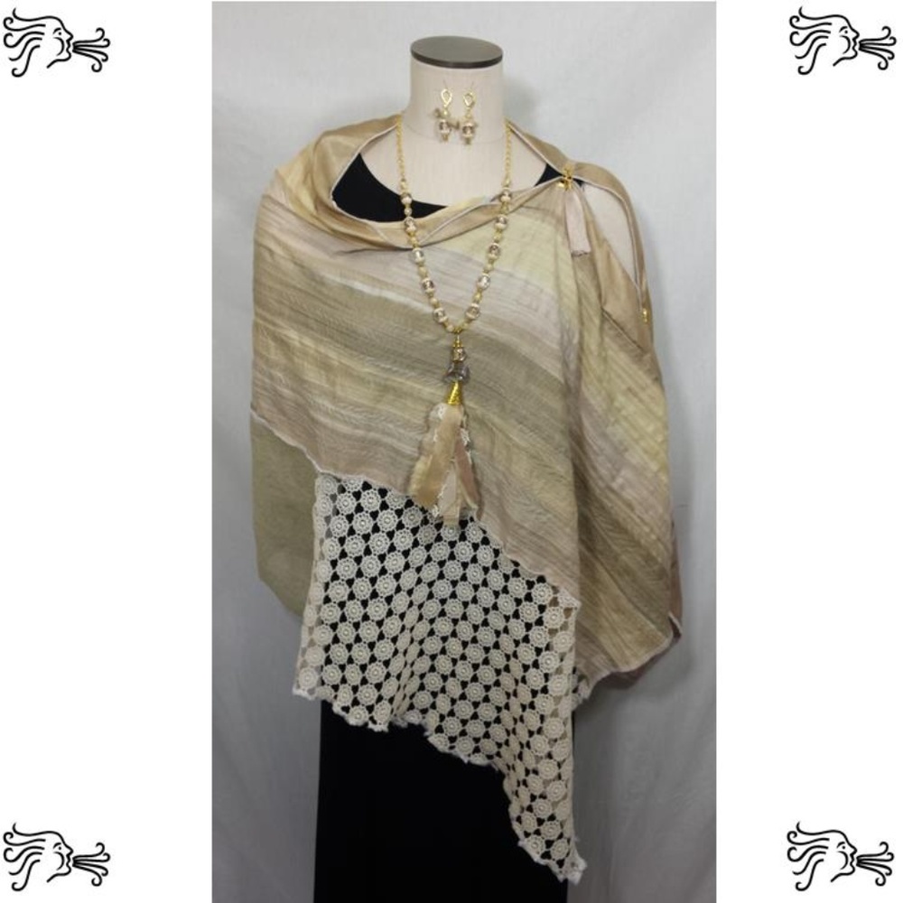 Patchwork Poncho Beige Butter Yellow Crinkle Scarf